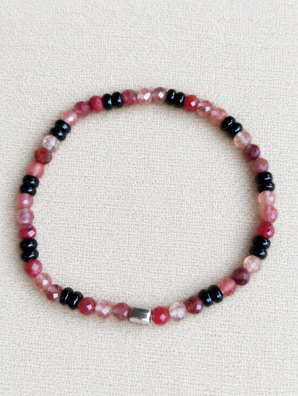 Strawberry Quartz & Black Obsidian Beaded Stretch Bracelet | Handmade